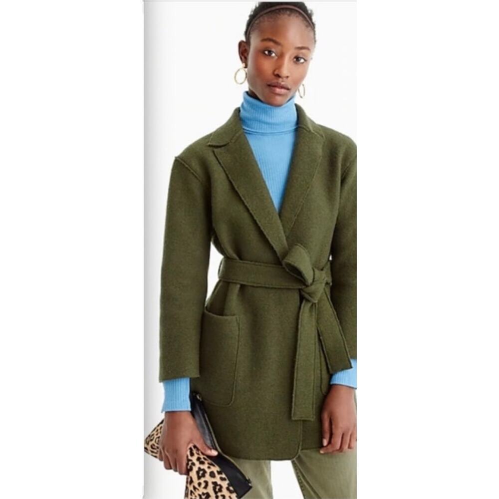 J.Crew Boiled Wool Wrap Coat Forest Green XS Belted - Picture 5 of 15